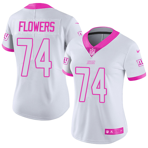 Women's Limited Ereck Flowers Nike Jersey White/Pink - #74 Rush Fashion NFL New York Giants